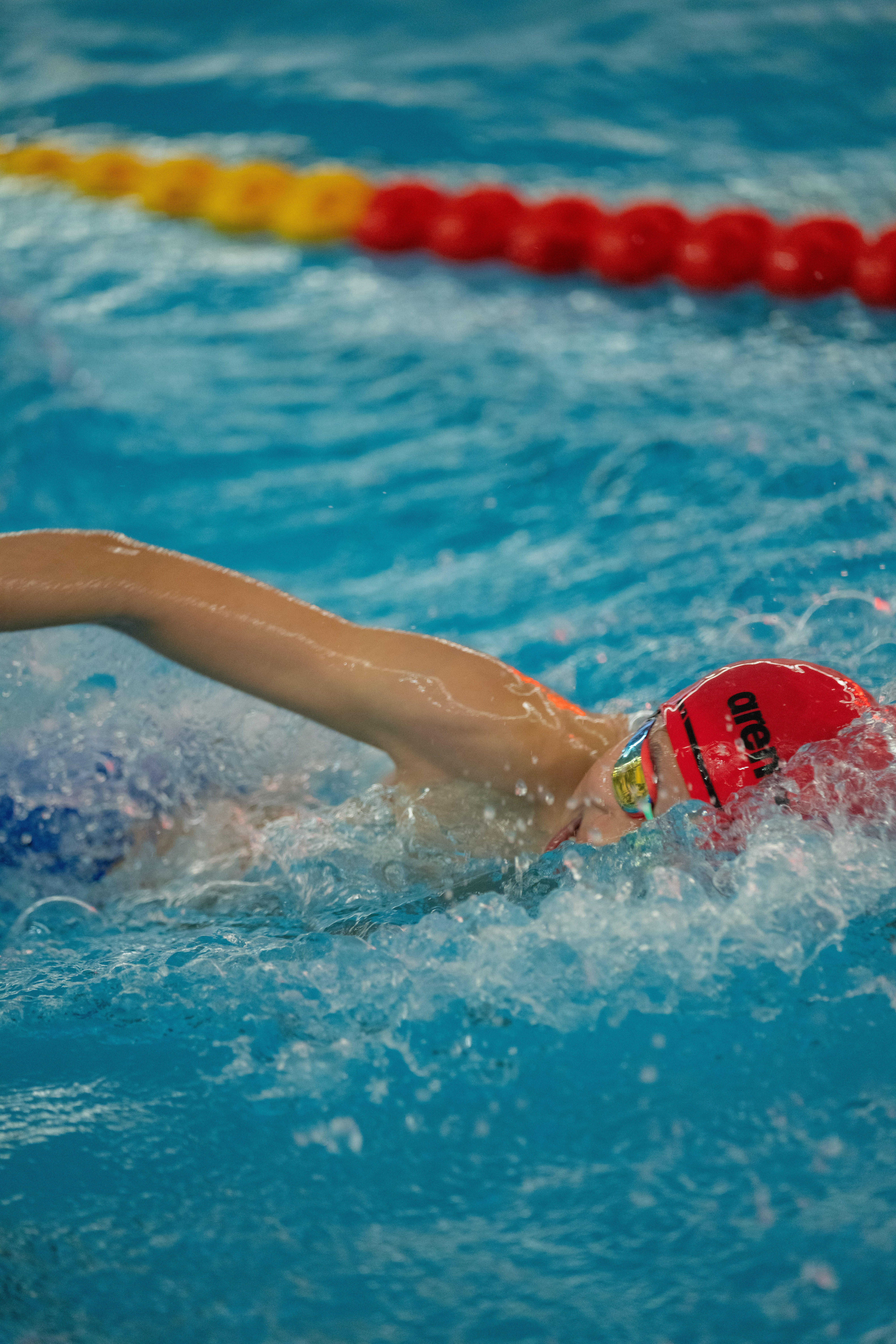 Freestyle swimmer in action at a swim meet, showcasing athleticism and speed.
